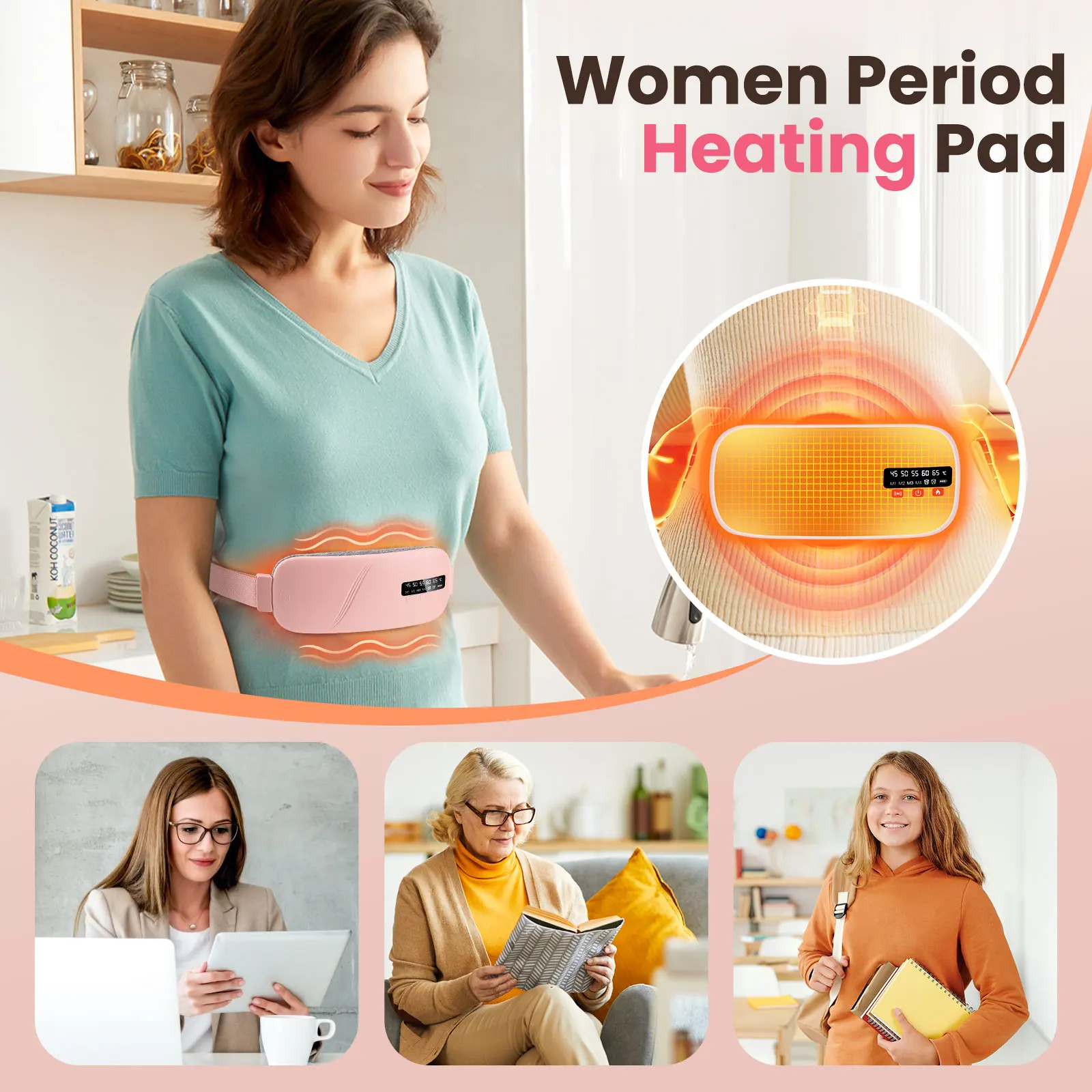 Women’s Period Pain Relief Belt Fast Heating 45-65°C 4 Adjustable Vibration Portable Menstrual Massager for Stomach/Back Pain