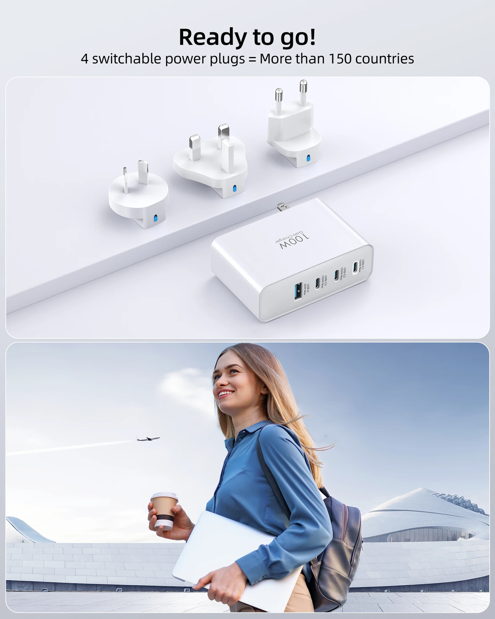 100W USB C Travel Charger, 4-Ports Foldable Travel Adapter Plug Converter With UK/EU/AU Plugs, Fast Charging For IPad iPhone - Image 4
