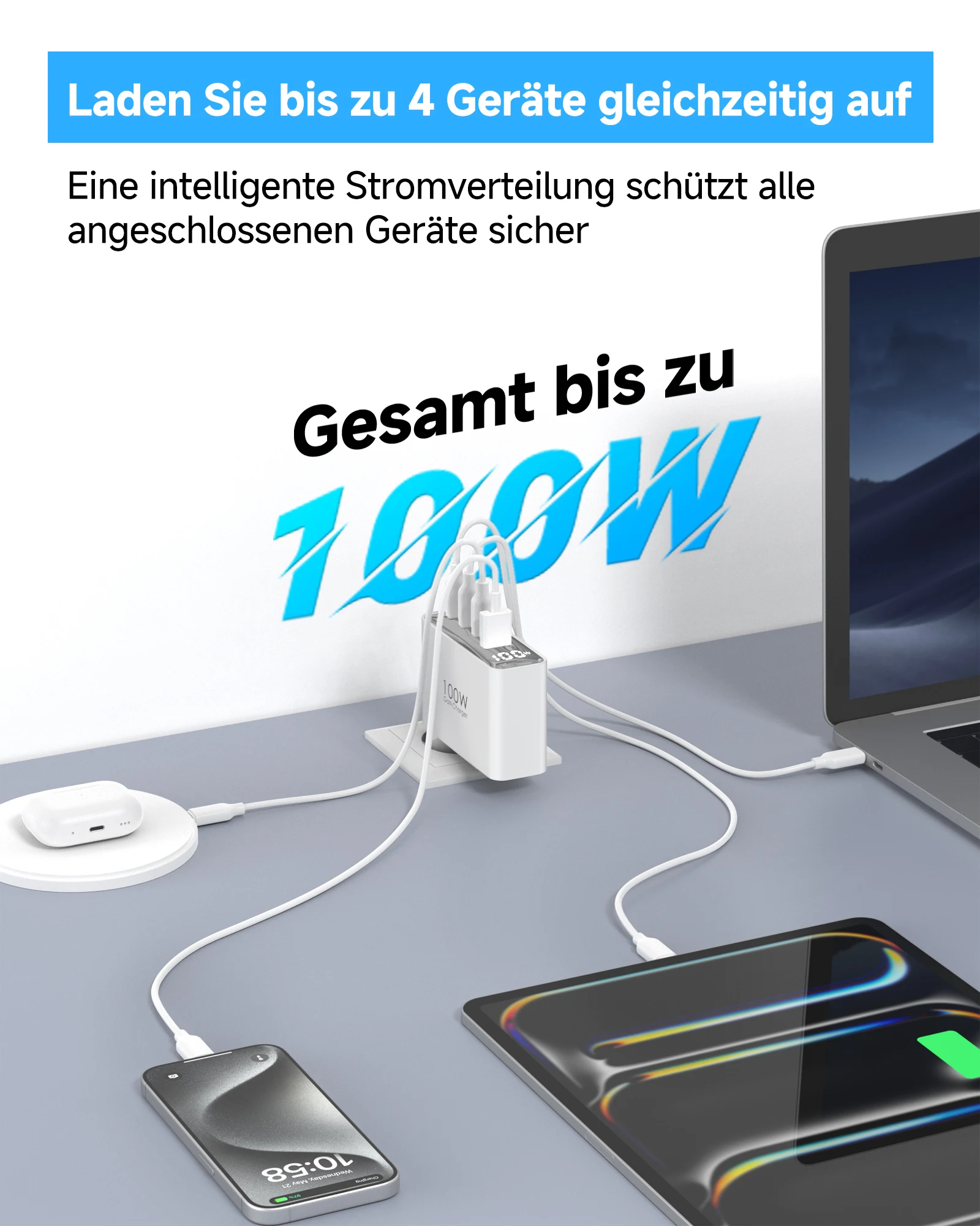 100W USB C Travel Charger, 4-Ports Foldable Travel Adapter Plug Converter With UK/EU/AU Plugs, Fast Charging For IPad iPhone - Image 3